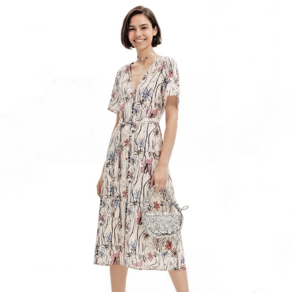 Desigual | White Floral Midi Button Front Dress Tie Waist Size L